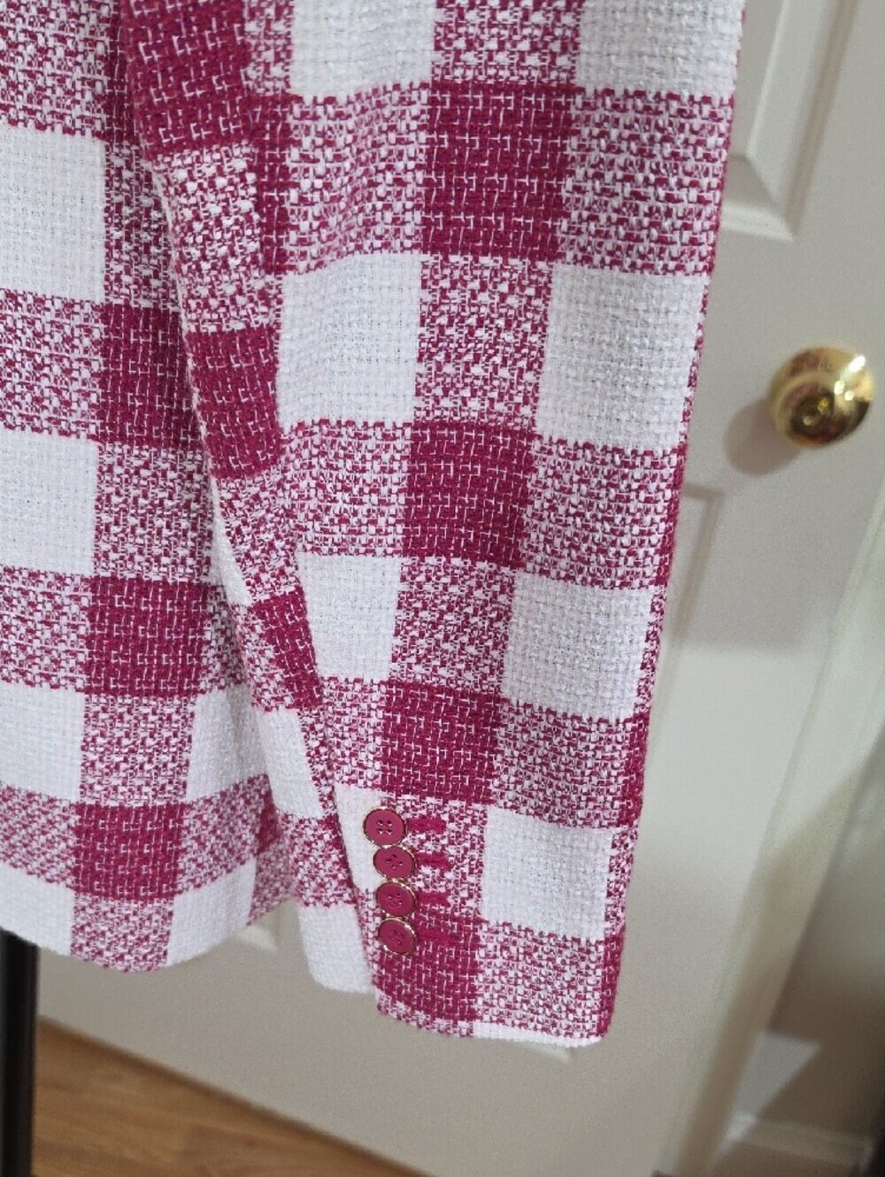 Liz Claiborne Pink & White Check Double-Breasted Tweed Blazer- Size 12 - Picture 6 of 11